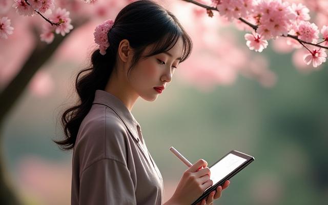 桜の枝の下で、タブレットでデザインする人物。デジタルアートと自然の融合を表現。